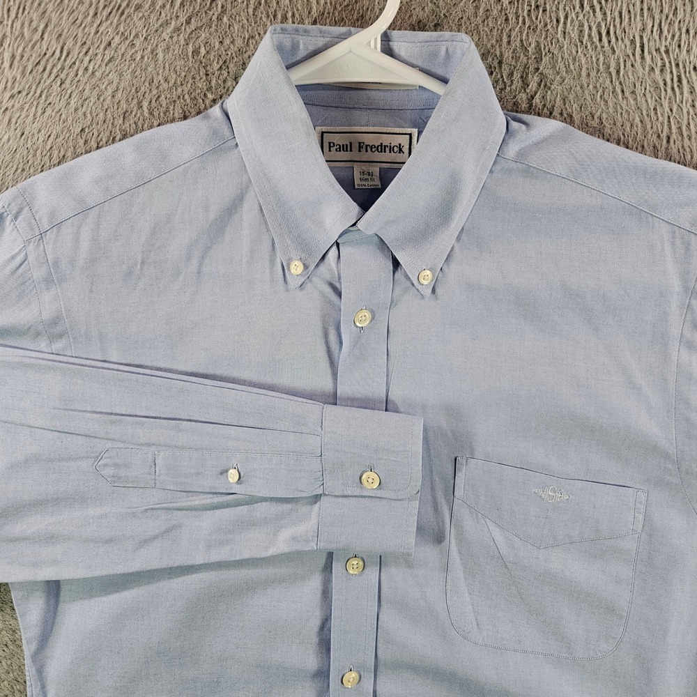 Paul Fredrick Mens Dress Shirt 15-33 Trim Fit Blue Cotton Pinpoint Button Up